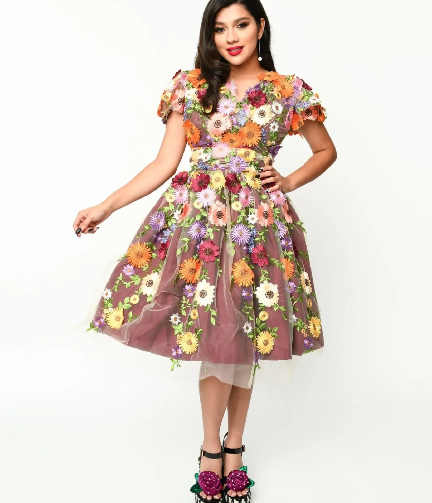 Unique Vintage Swing|Swing>Magnolia Place Burgundy Flower Party Midori Swing Dress