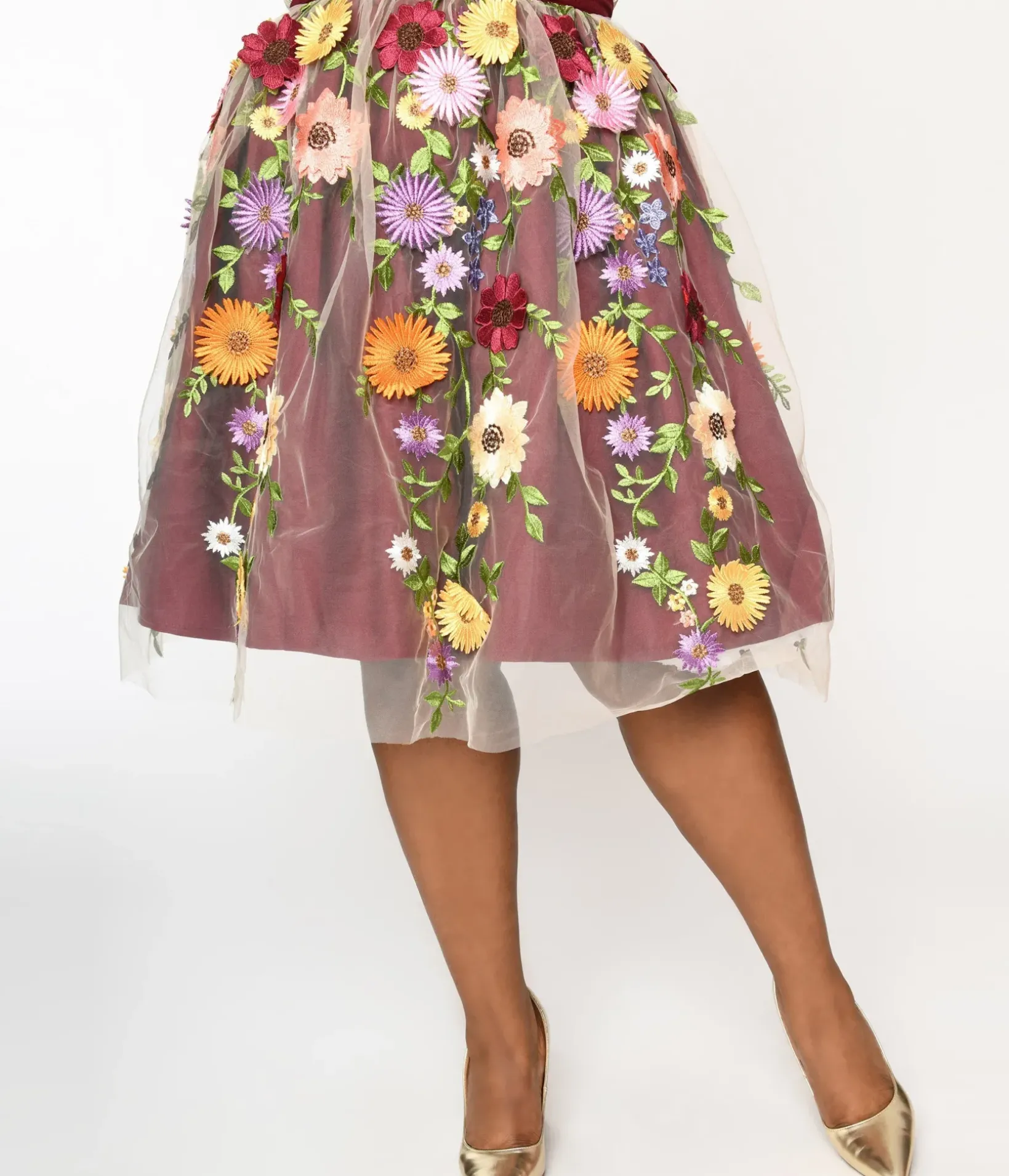 Unique Vintage Skirts>Magnolia Place Burgundy Flower Party Swing Skirt