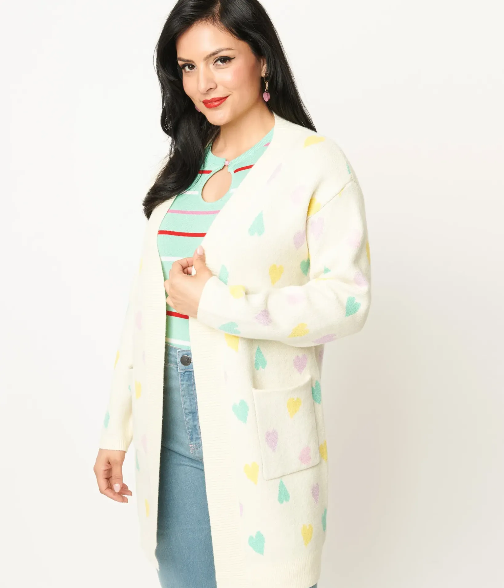 Unique Vintage Sweaters & Cardigans>Magnolia Place Cream & Pastel Hearts Cardigan