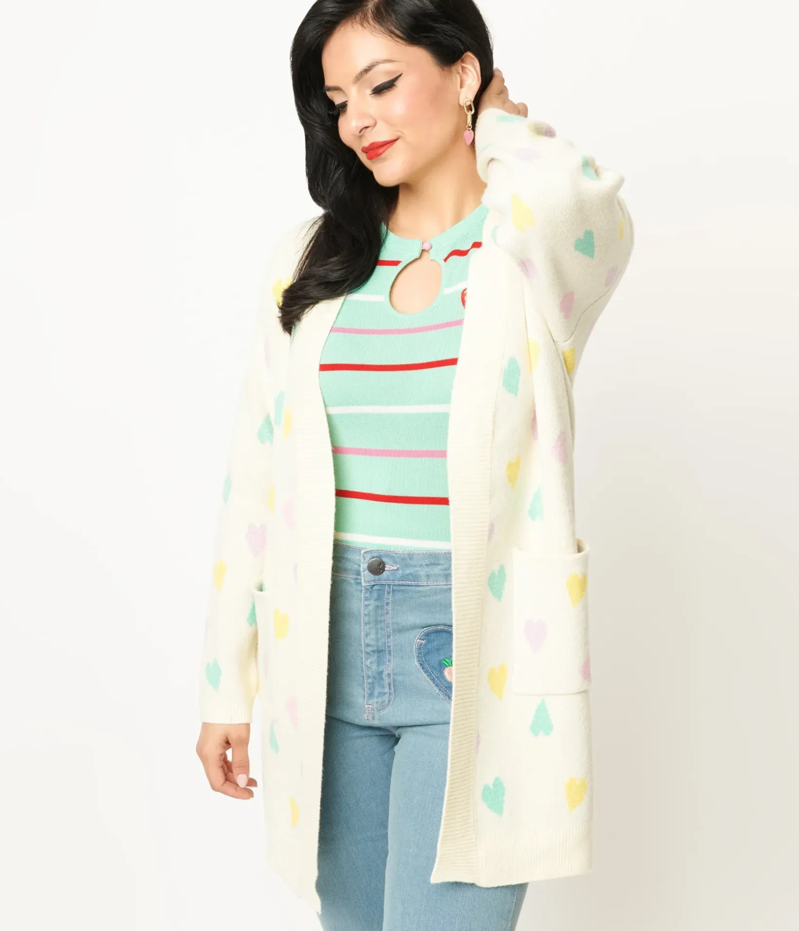 Unique Vintage Sweaters & Cardigans>Magnolia Place Cream & Pastel Hearts Cardigan