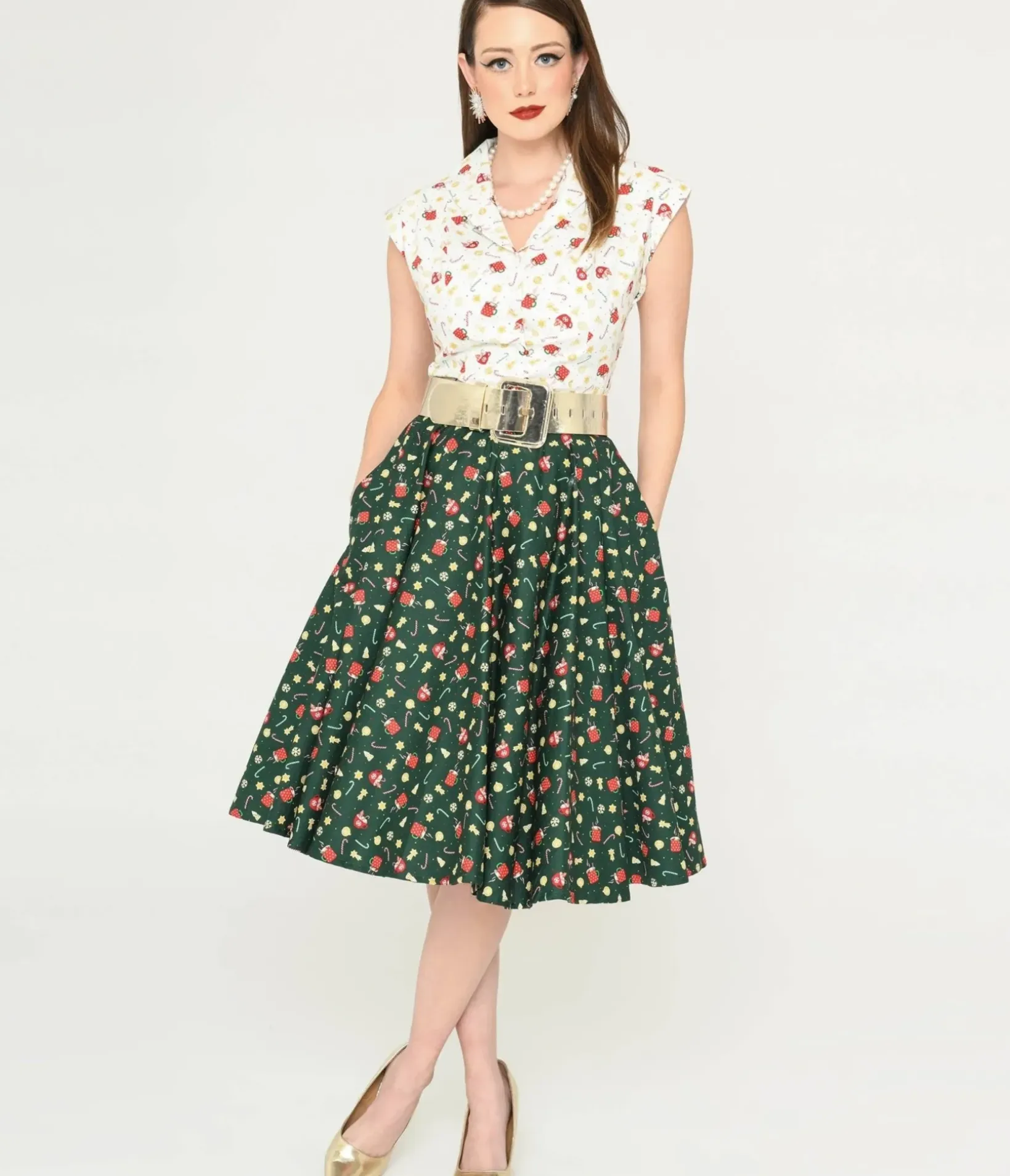 Unique Vintage Skirts|Skirts>Magnolia Place Green & Holiday Print Sally Swing Skirt