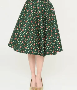Unique Vintage Skirts|Skirts>Magnolia Place Green & Holiday Print Sally Swing Skirt