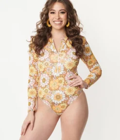 Unique Vintage One Piece Swim>Magnolia Place Mustard Floral Print Long Sleeve Swimsuit