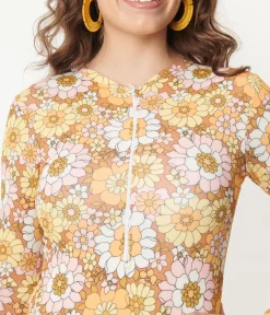 Unique Vintage One Piece Swim>Magnolia Place Mustard Floral Print Long Sleeve Swimsuit