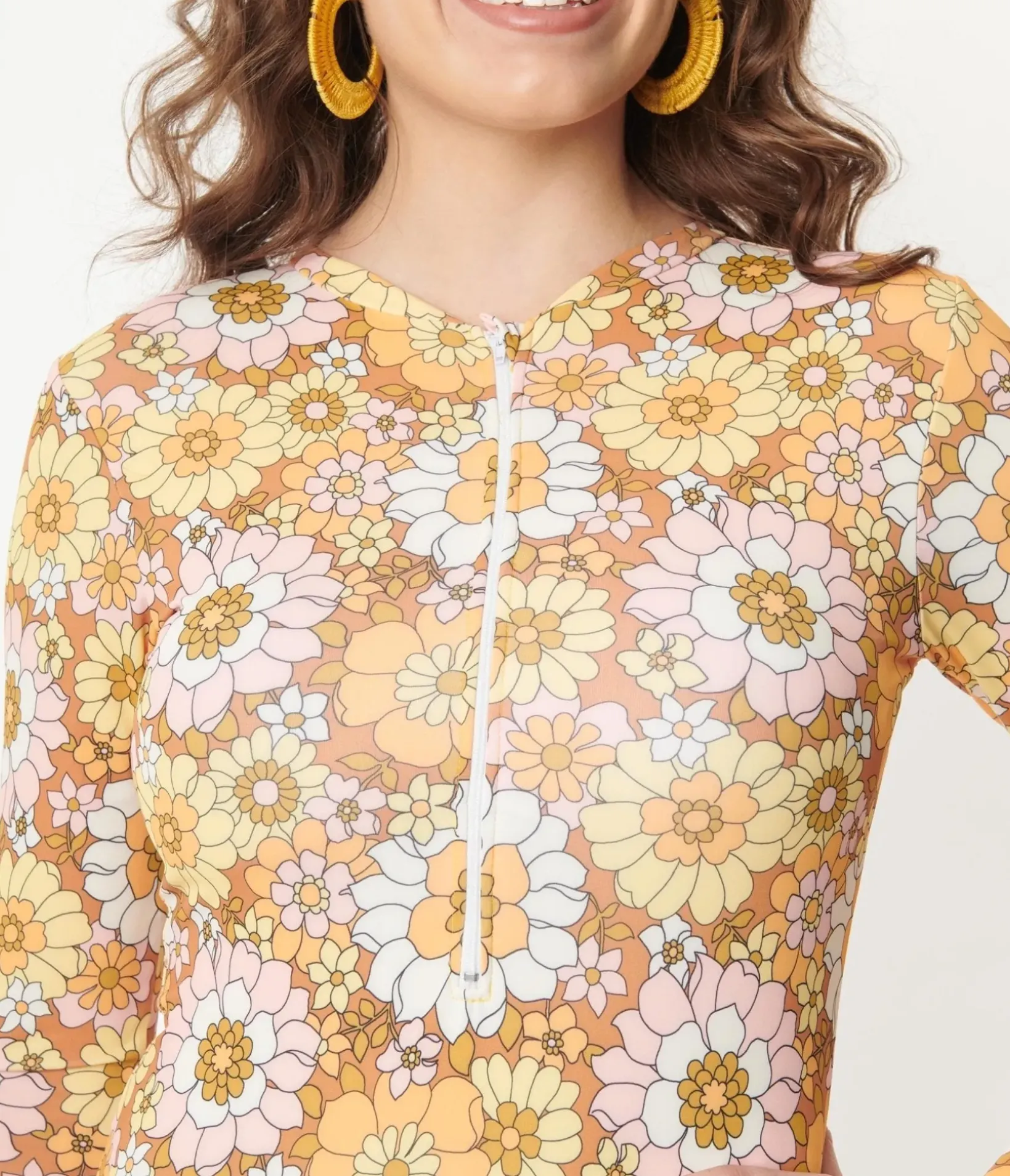 Unique Vintage One Piece Swim>Magnolia Place Mustard Floral Print Long Sleeve Swimsuit