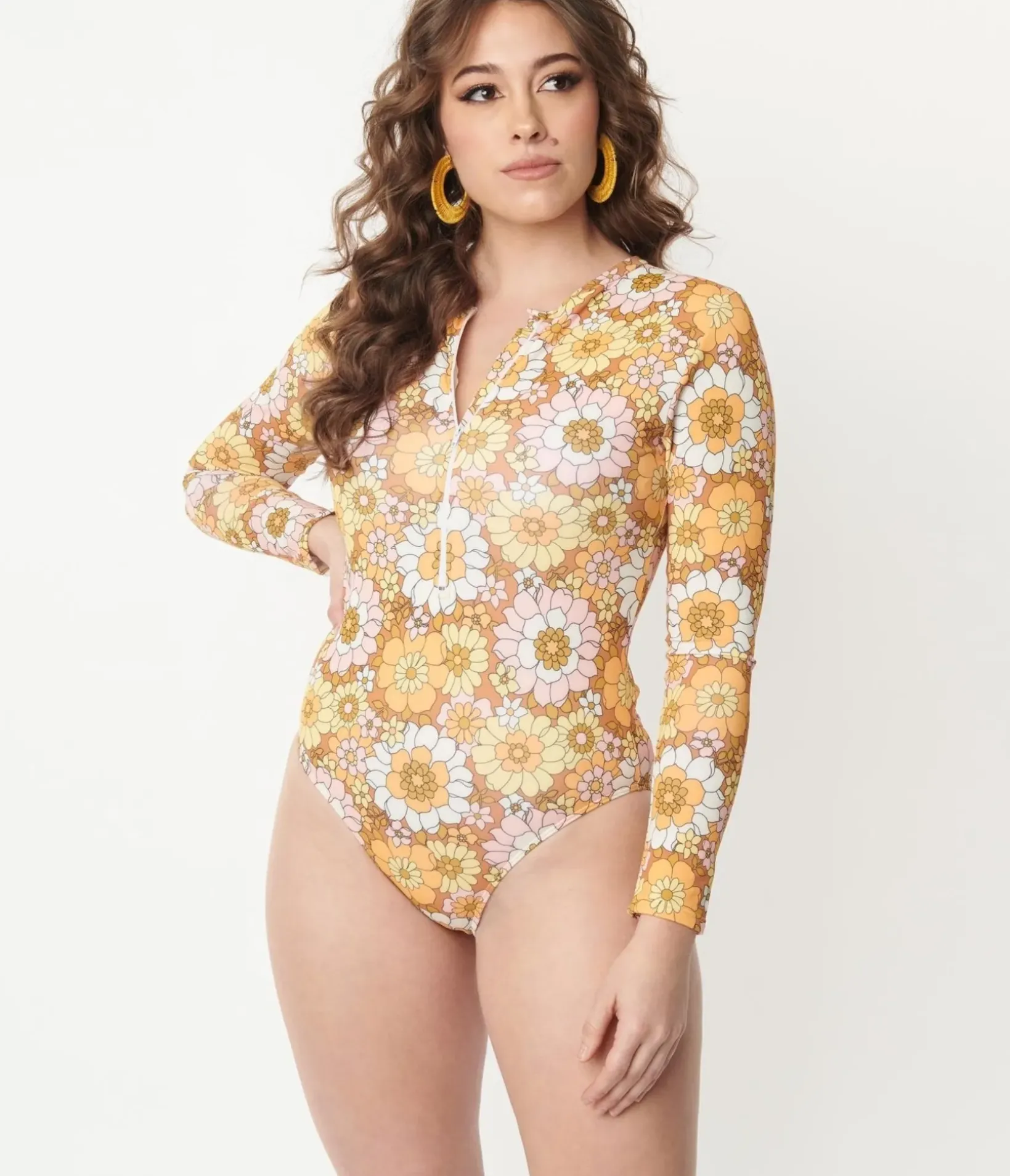 Unique Vintage One Piece Swim>Magnolia Place Mustard Floral Print Long Sleeve Swimsuit