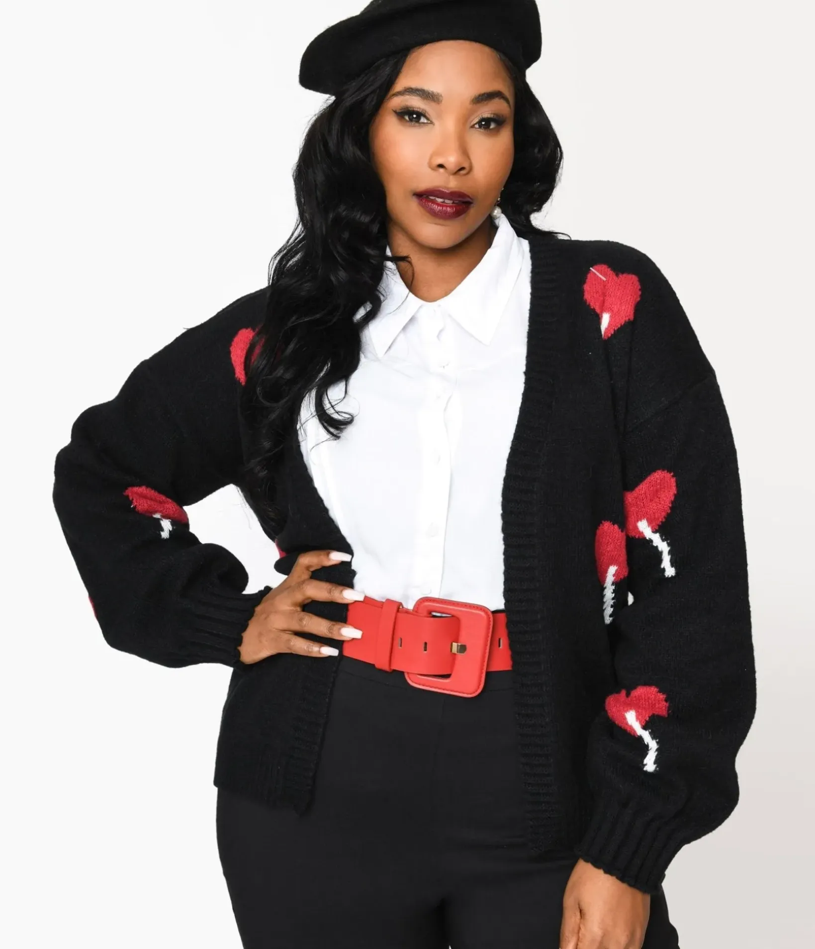 Unique Vintage Sweaters & Cardigans|Sweaters & Cardigans>Magnolia Place Plus Size Black Heart Lollipop Open Cardigan