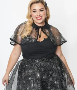 Unique Vintage Halloween>Magnolia Place Plus Size Black Spiderweb Capelet