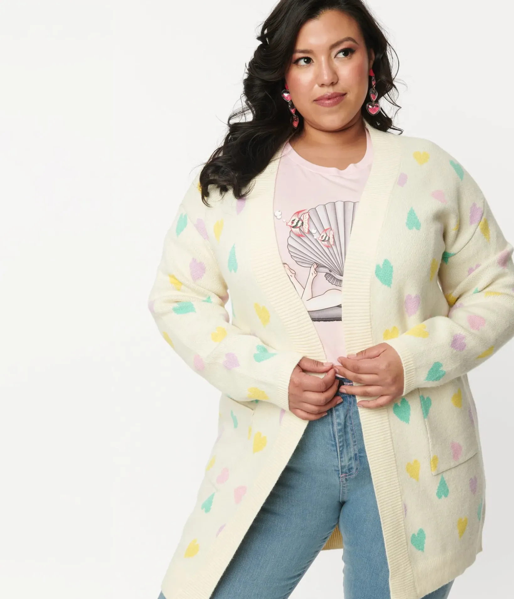 Unique Vintage Sweaters & Cardigans>Magnolia Place Plus Size Cream & Pastel Hearts Cardigan