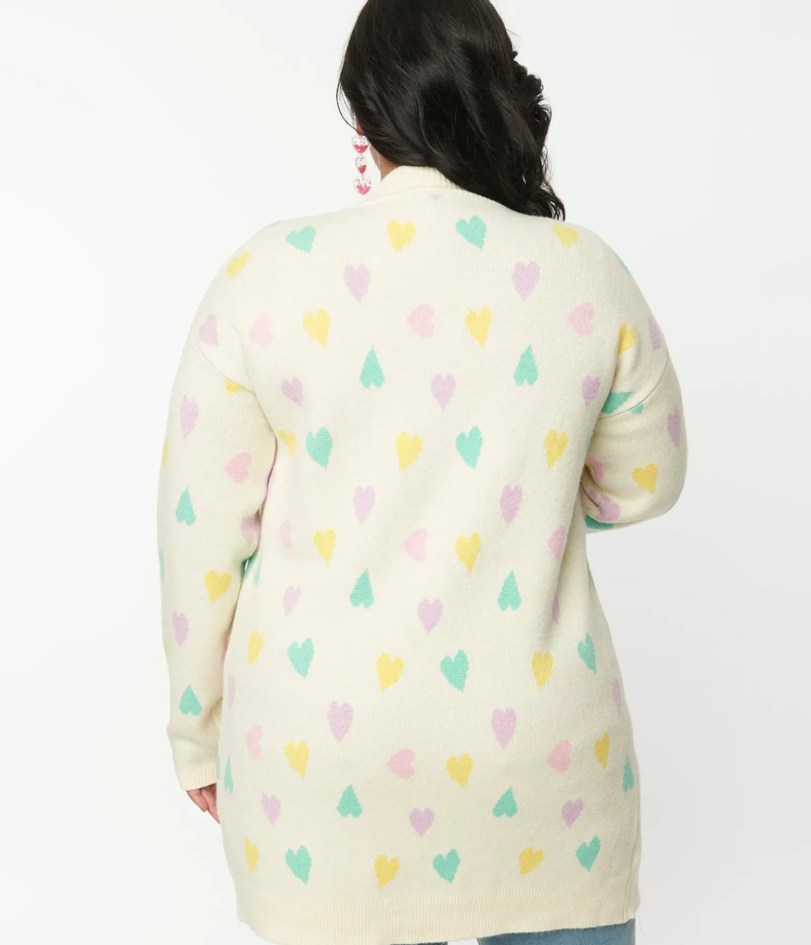 Unique Vintage Sweaters & Cardigans>Magnolia Place Plus Size Cream & Pastel Hearts Cardigan