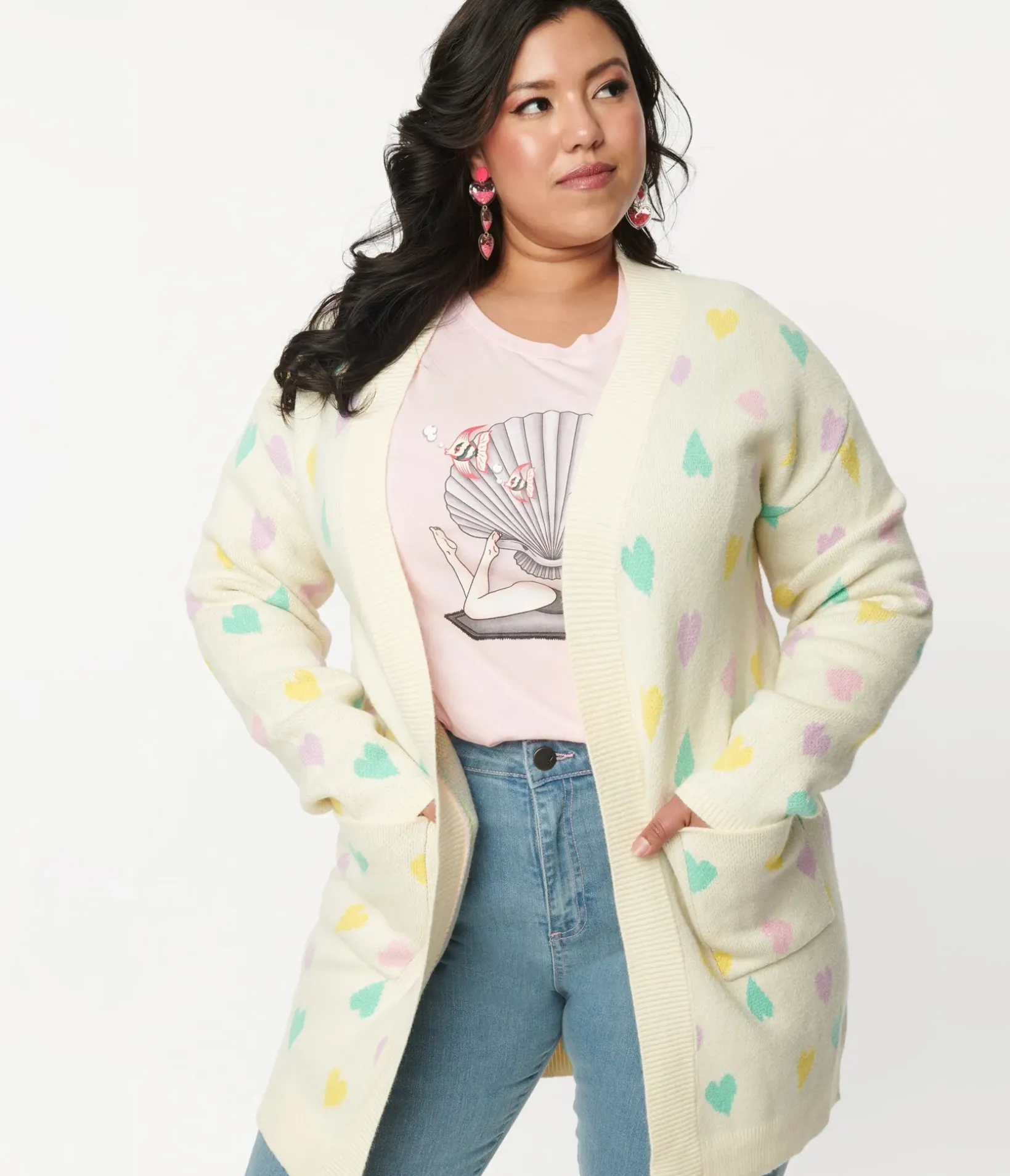 Unique Vintage Sweaters & Cardigans>Magnolia Place Plus Size Cream & Pastel Hearts Cardigan