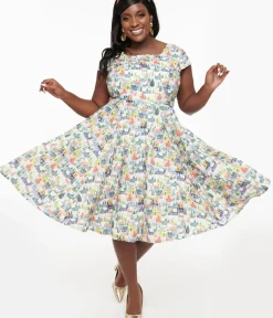 Unique Vintage Swing|Pocket Dresses>Magnolia Place Plus Size Multicolor Winter House Print Anna Swing Dress