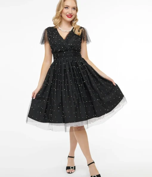Unique Vintage Swing|Everyday Dresses>Magnolia Place 1950s Black Faux Pearl Swing Dress