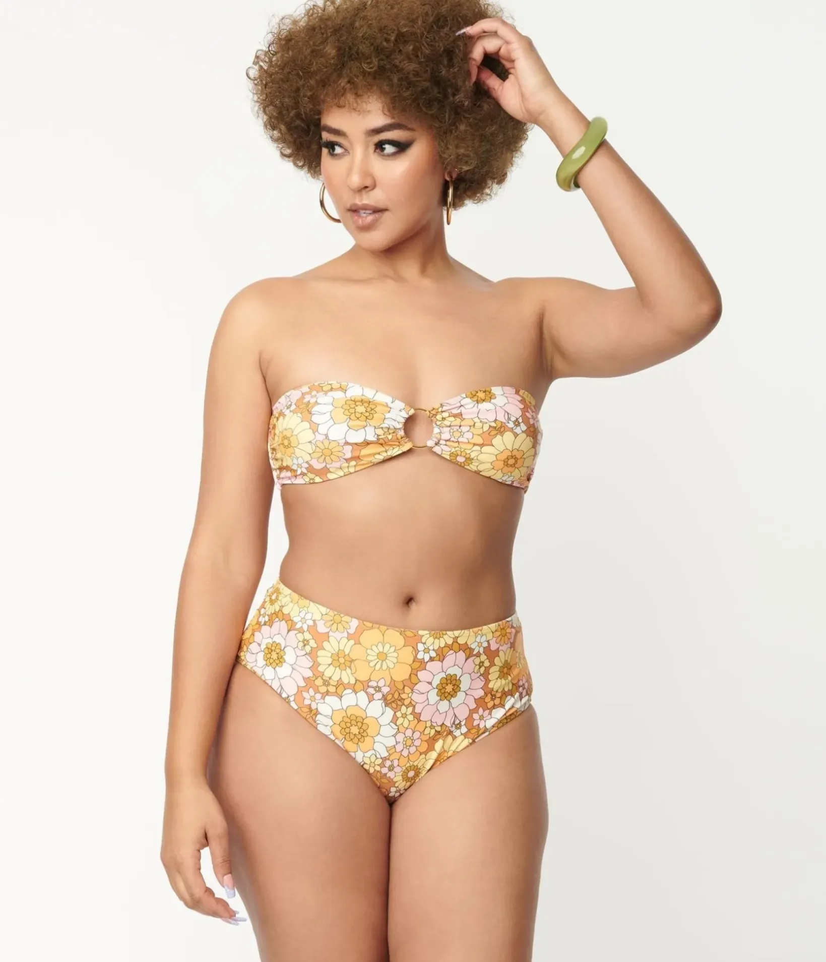 Unique Vintage Two Piece Swim>Magnolia Place 1970s Mustard Floral Print Two Piece Swimsuit