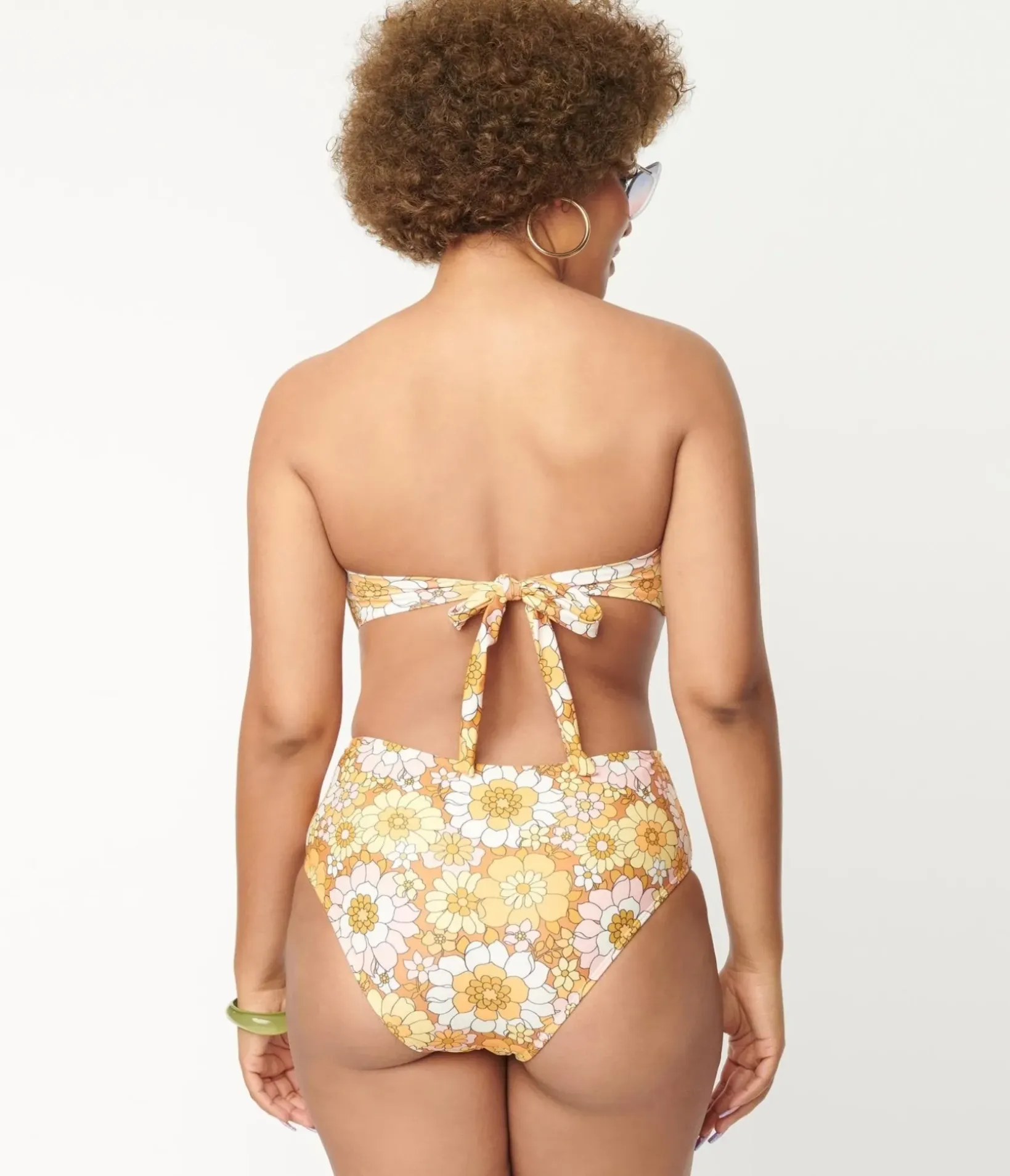Unique Vintage Two Piece Swim>Magnolia Place 1970s Mustard Floral Print Two Piece Swimsuit