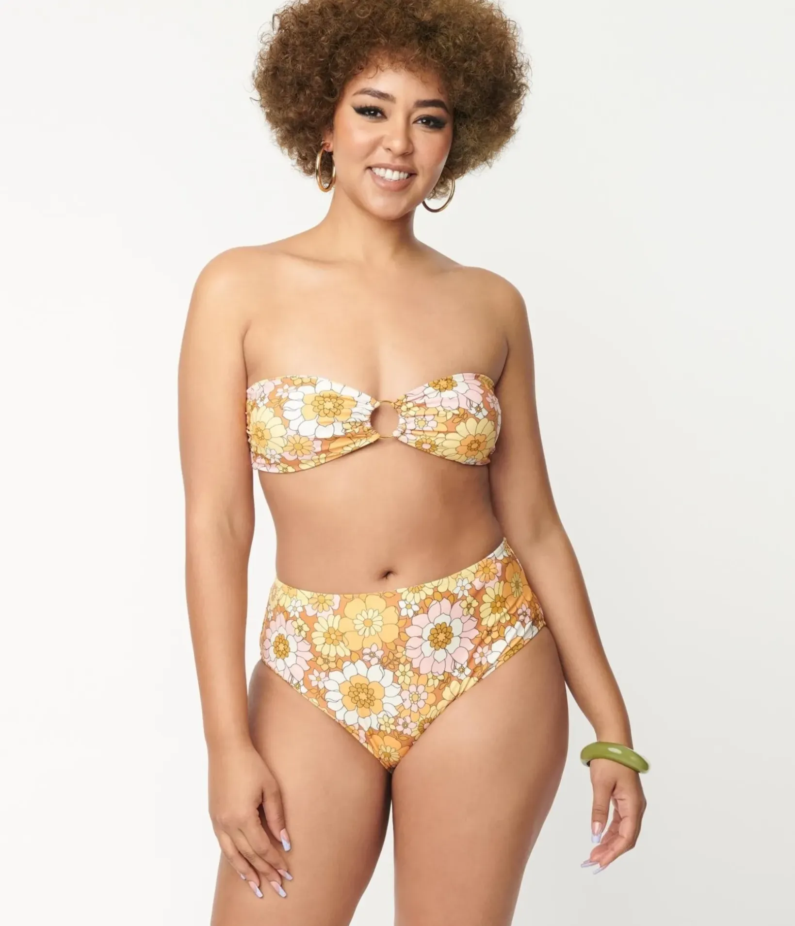 Unique Vintage Two Piece Swim>Magnolia Place 1970s Mustard Floral Print Two Piece Swimsuit
