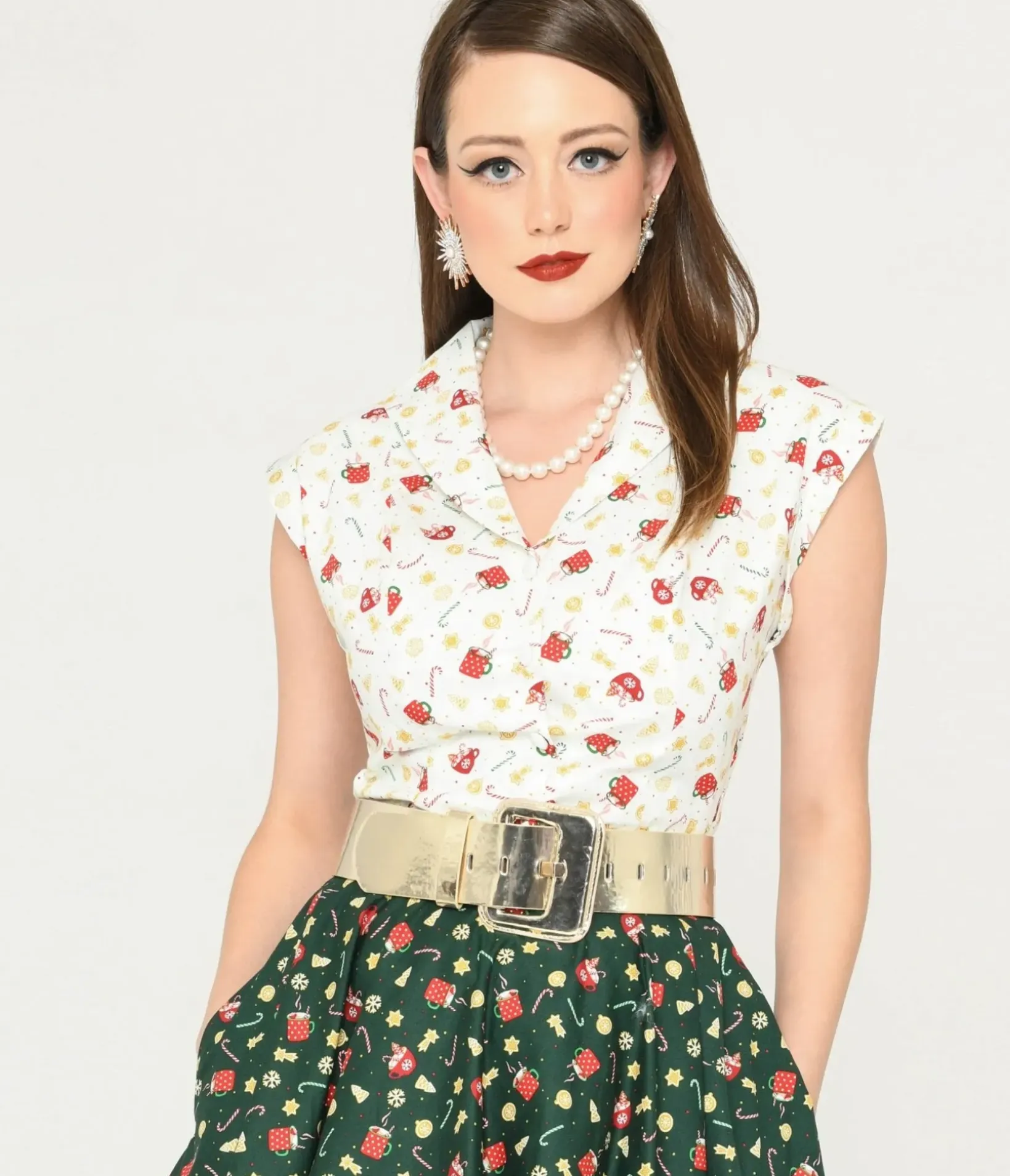 Unique Vintage Blouses|Blouses>Magnolia Place White & Holiday Print Tamara Blouse