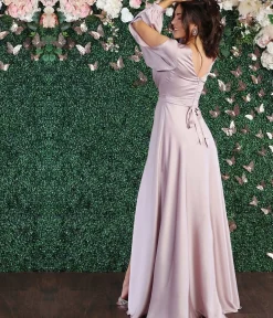 Unique Vintage Special Occasion|Prom Dresses>Mauve Satin Long Sleeve Goddess Gown