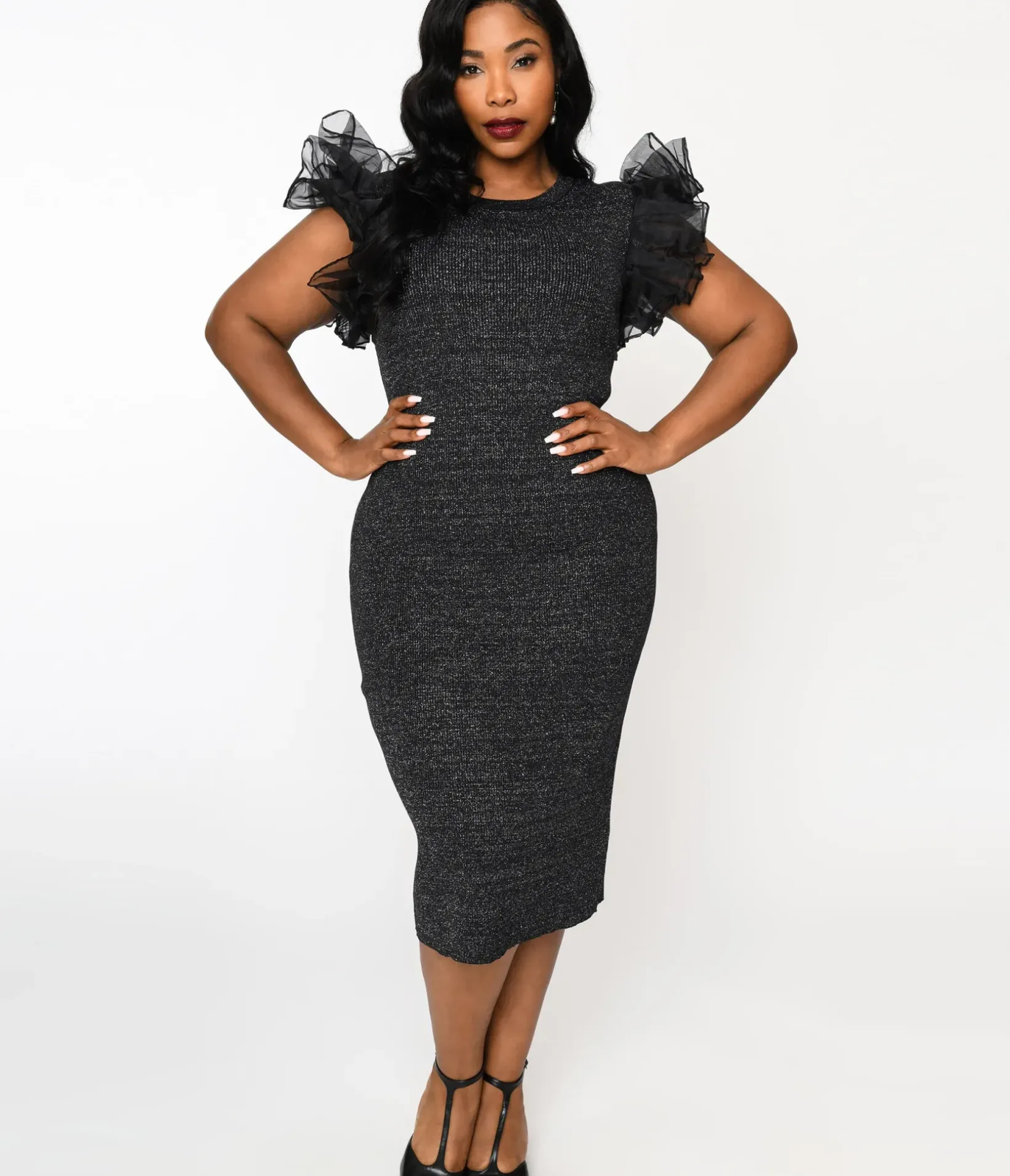 Unique Vintage Pencil|Pencil>Metallic Black Ruffle Sleeved Knit Midi Wiggle Dress
