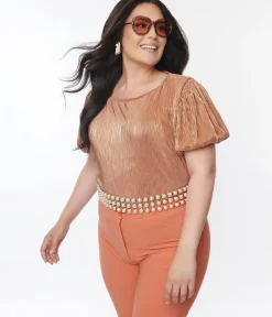 Unique Vintage Work Wear>Metallic Copper Ribbed Blouse