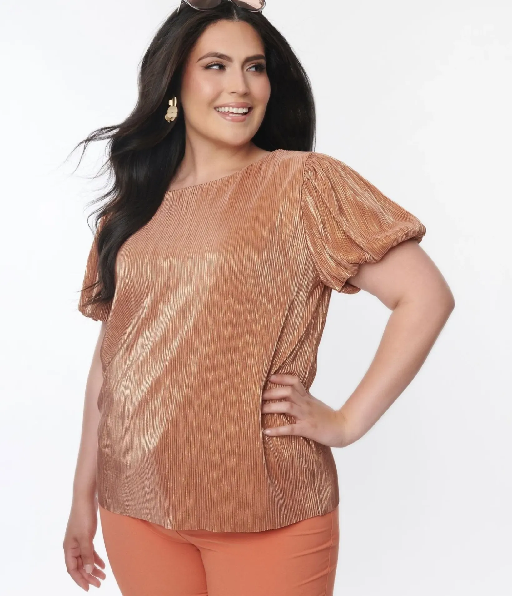 Unique Vintage Work Wear>Metallic Copper Ribbed Blouse