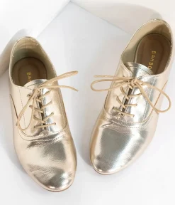 Unique Vintage Flats>Metallic Gold Classic Lace Up Flats