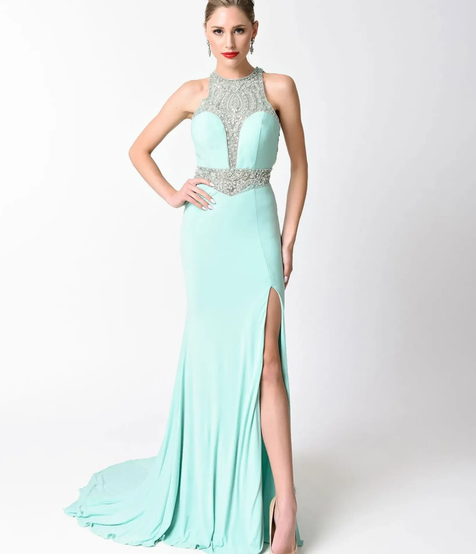 Unique Vintage Special Occasion>Mint Blue Fitted Jeweled Split Long Dress