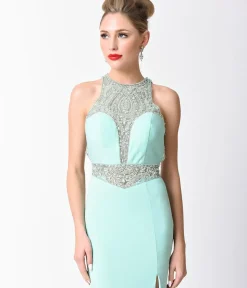 Unique Vintage Special Occasion>Mint Blue Fitted Jeweled Split Long Dress