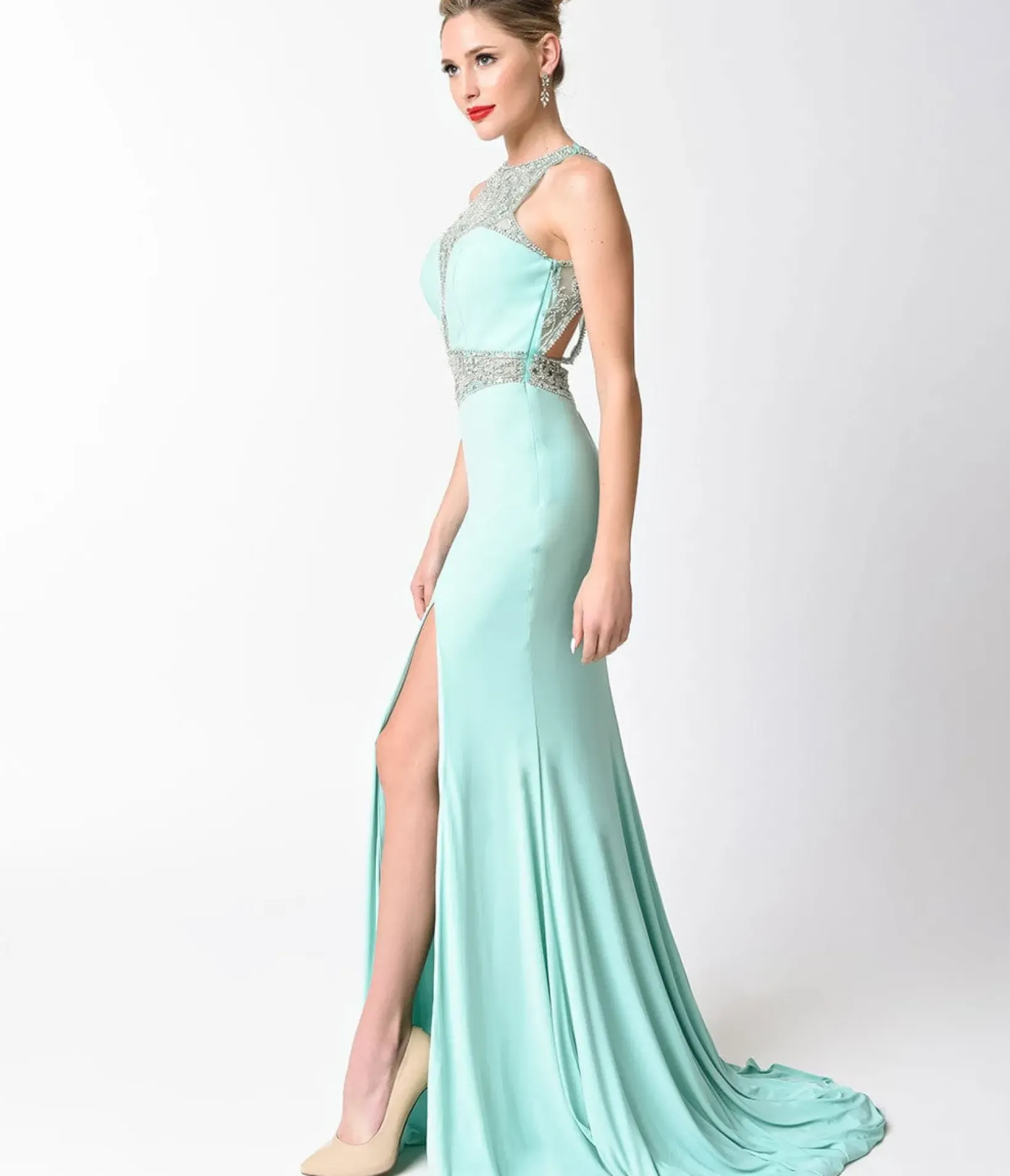 Unique Vintage Special Occasion>Mint Blue Fitted Jeweled Split Long Dress