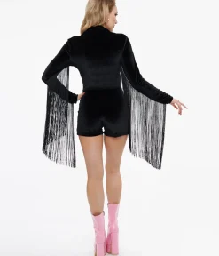 Unique Vintage Rompers & Jumpsuits>Miracle Eye 1960s Black & Rainbow Stripe Velvet Fringe Romper