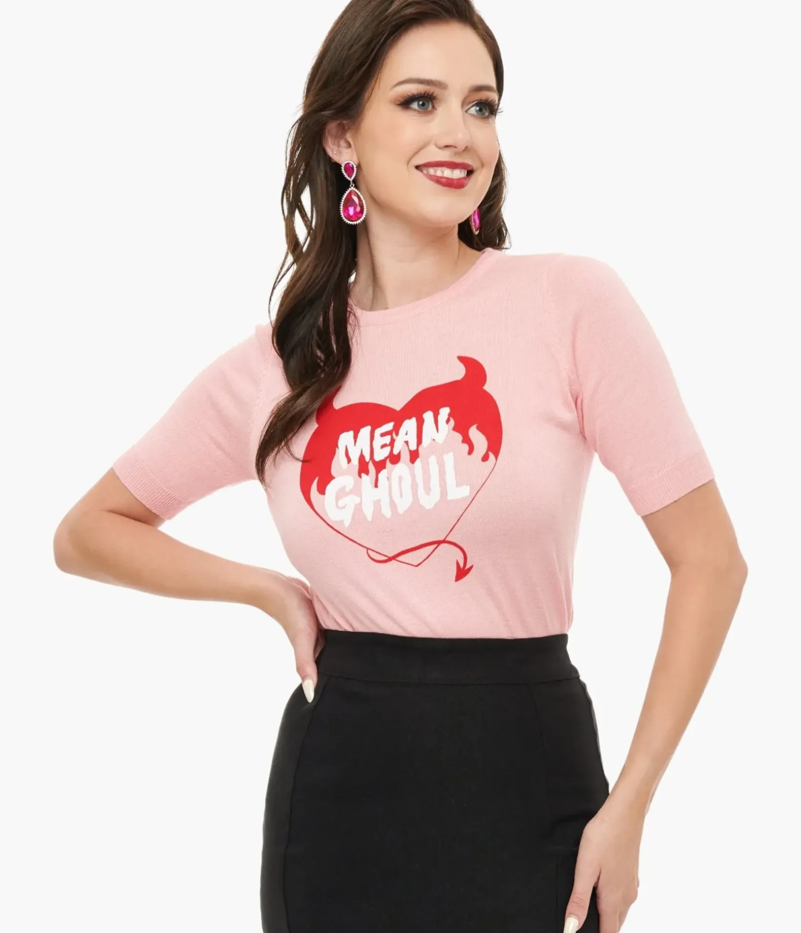 Unique Vintage Sweaters & Cardigans|All Things Pink>Mischief Made Pink Mean Ghoul Short Sleeve Sweater