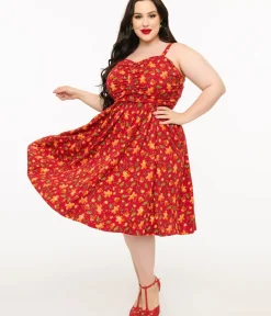 Unique Vintage Swing|Fit & Flare>Miss Lulo Plus Size 1950s Red Gingerbread Man Print Eden Fit & Flare Dress
