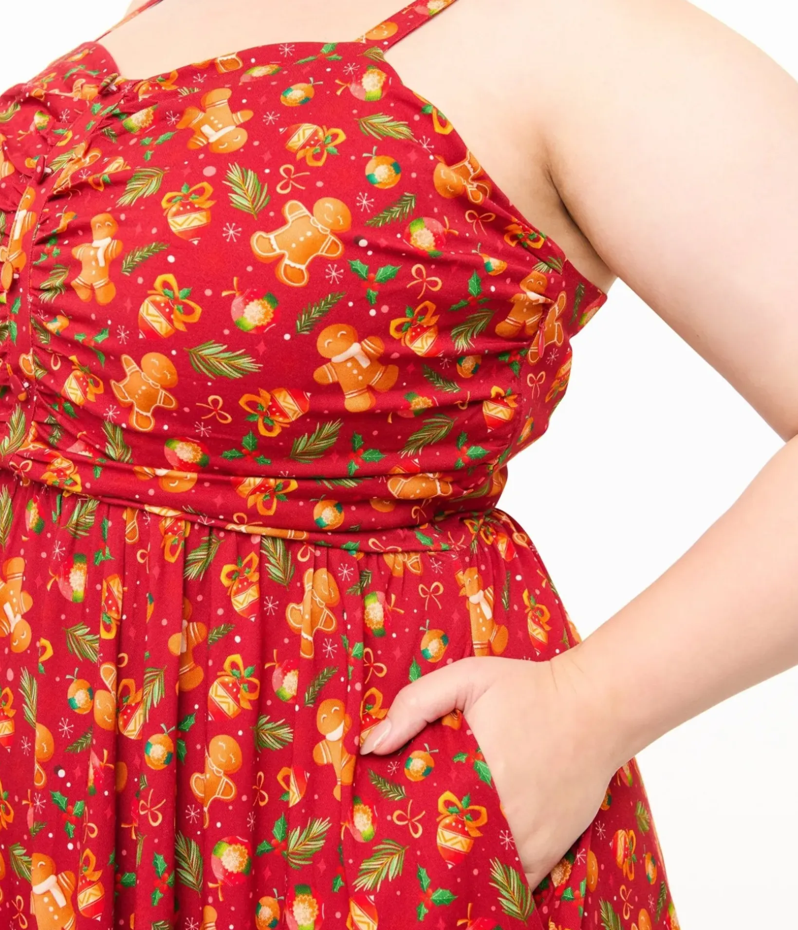 Unique Vintage Swing|Fit & Flare>Miss Lulo Plus Size 1950s Red Gingerbread Man Print Eden Fit & Flare Dress