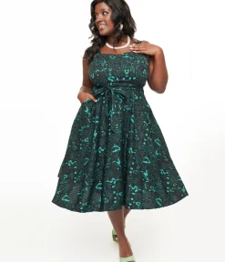 Unique Vintage Swing|Pocket Dresses>Miss Lulo Plus Size 1950s Teal Sea Witch Print Lori Swing Dress
