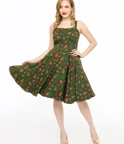 Unique Vintage Swing|Fit & Flare>Miss Lulo 1950s Green Hedgehog Forest Print Kyla Fit & Flare Dress