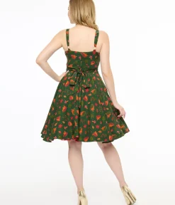 Unique Vintage Swing|Fit & Flare>Miss Lulo 1950s Green Hedgehog Forest Print Kyla Fit & Flare Dress