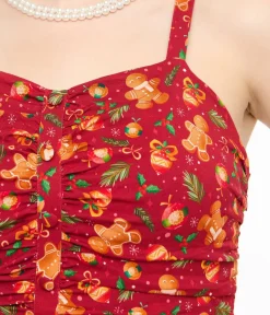 Unique Vintage Swing|Fit & Flare>Miss Lulo 1950s Red Gingerbread Man Print Eden Fit & Flare Dress