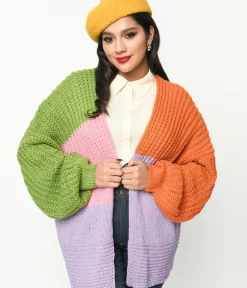 Unique Vintage Sweaters & Cardigans>Multicolor Color Block Open Cardigan
