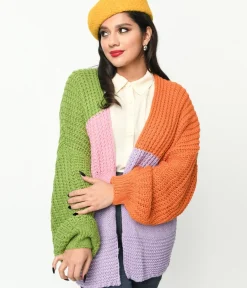 Unique Vintage Sweaters & Cardigans>Multicolor Color Block Open Cardigan