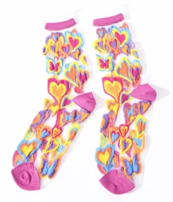 Unique Vintage Stockings & Tights>Multicolor Hearts Sheer Ruffle Crew Socks