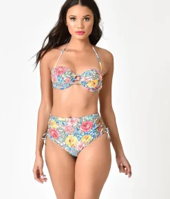 Unique Vintage Swim Bottoms>Multicolor Roses Mosaic & Green Stripe Reversible Swim Bottoms