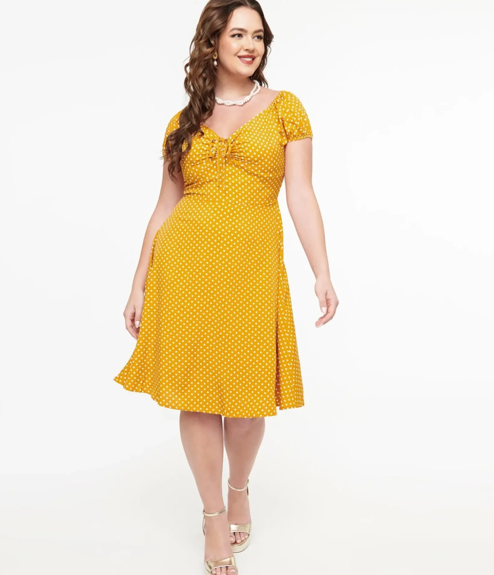 Unique Vintage Fit & Flare|Everyday Dresses>Mustard & White Polka Dot Fit & Flare Dress