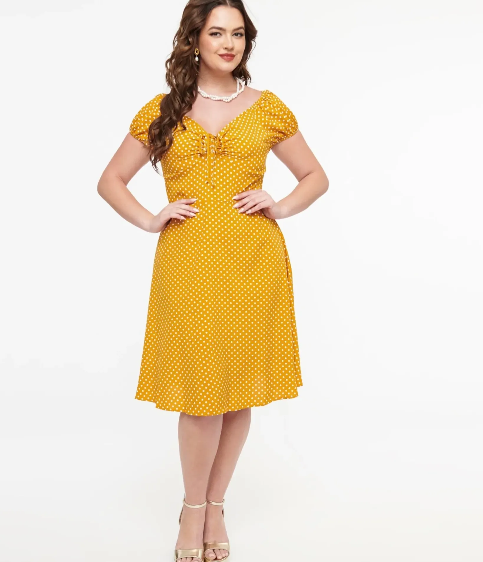 Unique Vintage Fit & Flare|Everyday Dresses>Mustard & White Polka Dot Fit & Flare Dress