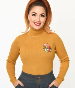 Unique Vintage Sweaters & Cardigans>Mustard Yellow Mushroom Embroidered Turtleneck Sweater