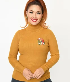 Unique Vintage Sweaters & Cardigans>Mustard Yellow Mushroom Embroidered Turtleneck Sweater