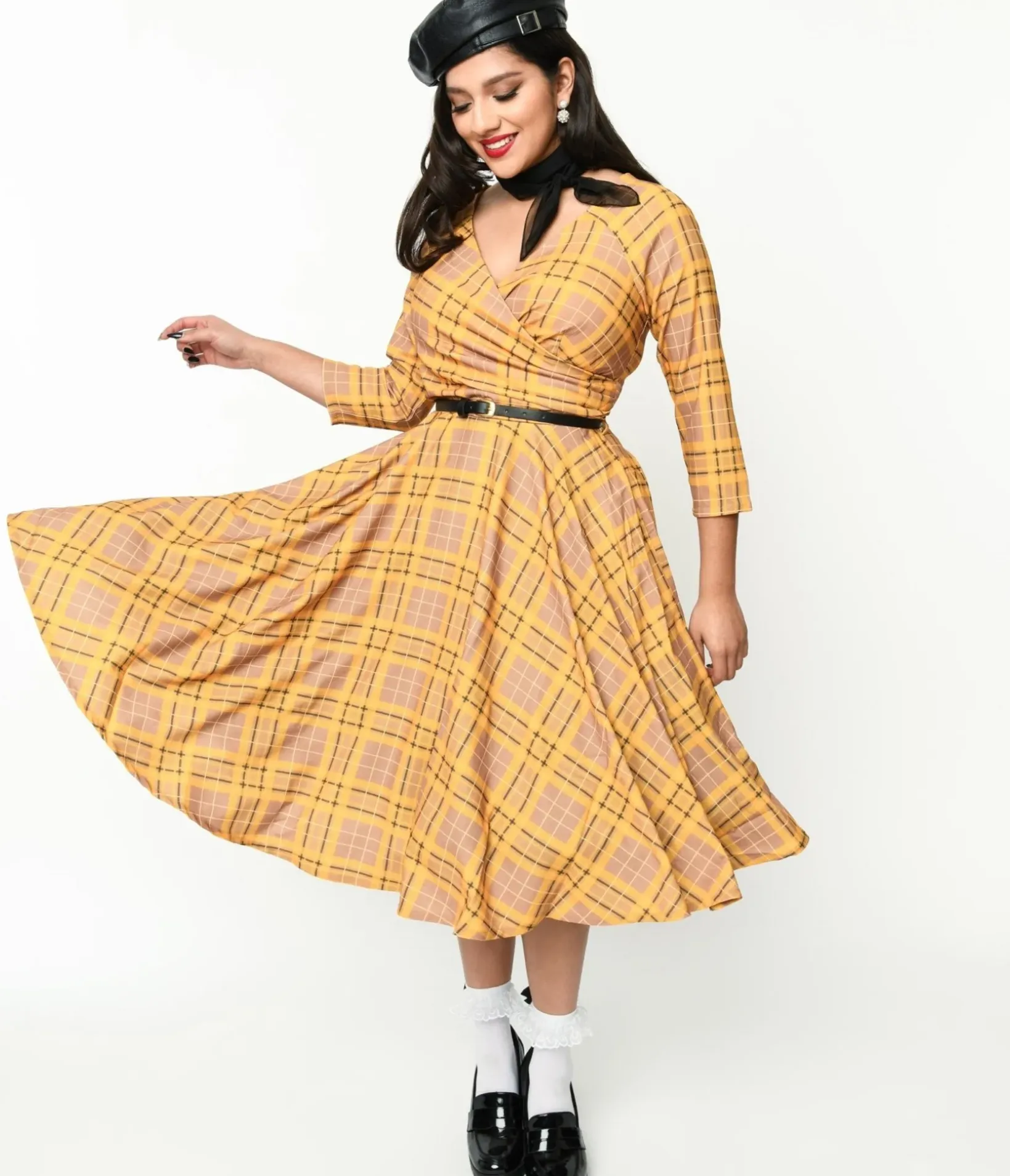Unique Vintage Swing|Pocket Dresses>Mustard Yellow Plaid Kacee Swing Dress