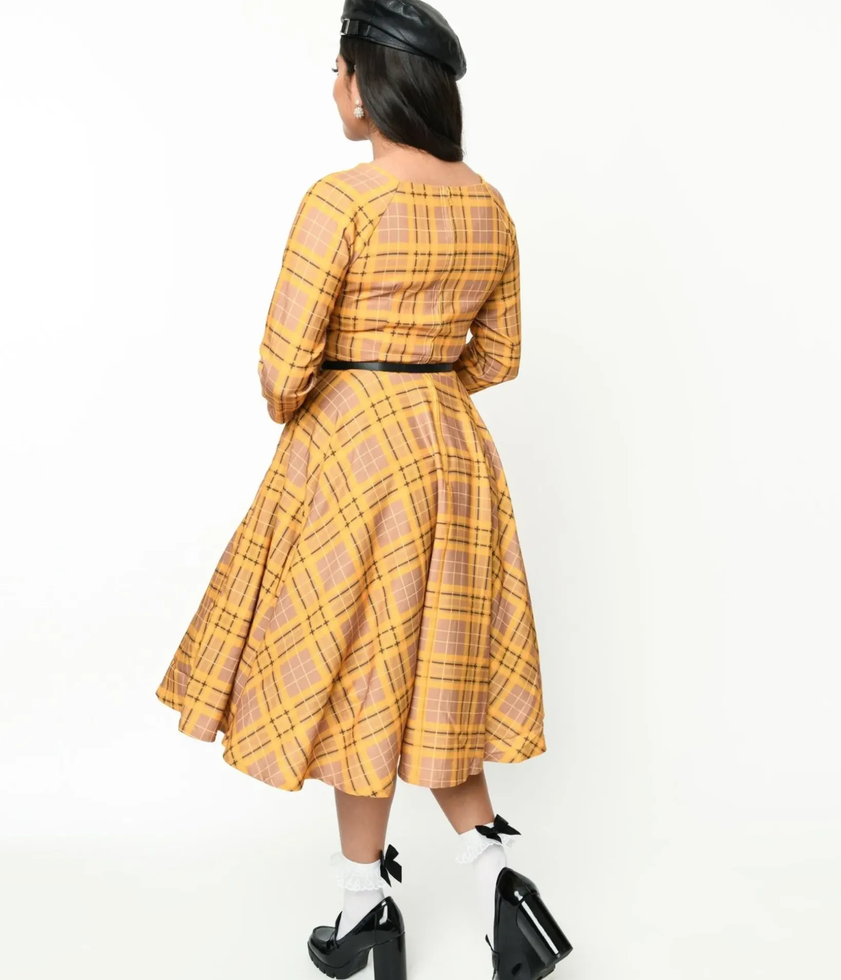 Unique Vintage Swing|Pocket Dresses>Mustard Yellow Plaid Kacee Swing Dress