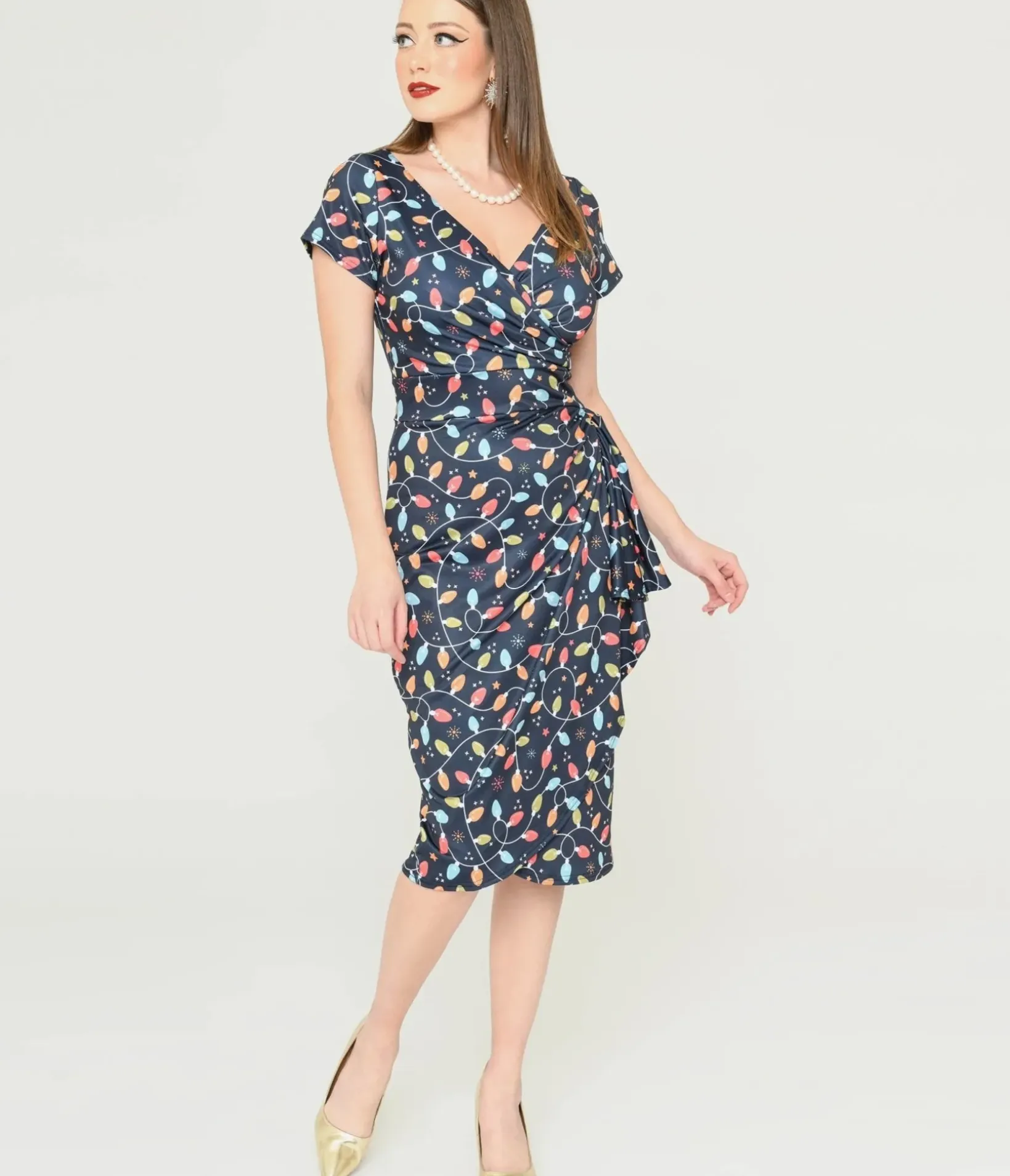 Unique Vintage Pencil|Everyday Dresses>Navy & Holiday Lights Wiggle Dress
