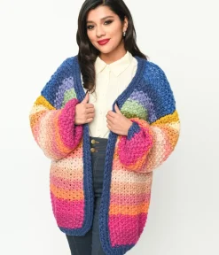 Unique Vintage Sweaters & Cardigans>Navy & Multicolor Striped Crochet Knit Open Cardigan