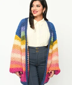 Unique Vintage Sweaters & Cardigans>Navy & Multicolor Striped Crochet Knit Open Cardigan